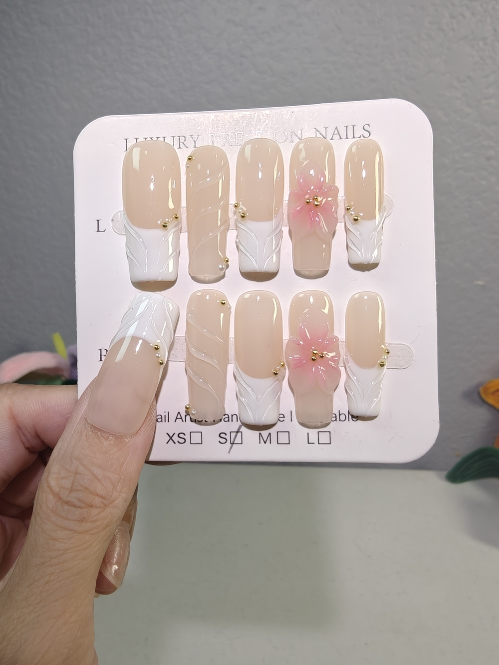 Nude White French Tip With Pink Floral Long Square Press On Nails With Gold Bead